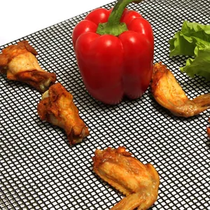 Non-stick fiberglass reusable BBQ mesh mat featuring roasted chicken wings and red pepper