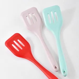 Premium heat-resistant silicone slotted spatulas in red pink and mint green colors