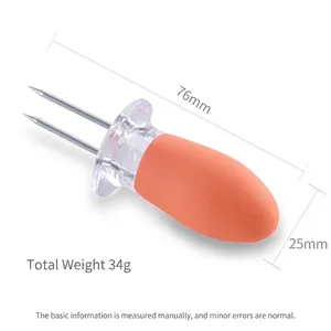Stainless steel corn holder fork with heat-resistant orange TPE handle, 76x25mm