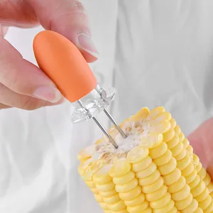 Stainless steel corn holder forks with heat-resistant orange TPE handles for BBQ grilling