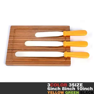 Stainless steel cake spatula set with yellow handles in 6, 8, and 10 inch sizes for baking