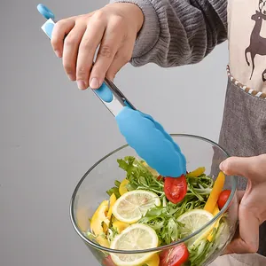 9-inch blue heat-resistant non-slip silicone food tongs for salad and BBQ