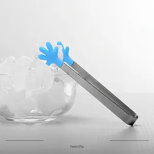 Creative stainless steel food tongs with blue palm-shaped silicone tips for ice cubes