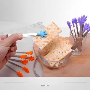 Creative mini food tongs with colorful silicone hand-shaped tips and stainless steel handle
