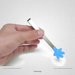 Mini stainless steel food tongs with cute blue hand-shaped silicone tips for ice and snacks
