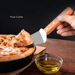 Stainless steel pizza server with ergonomic wooden handle for kitchen