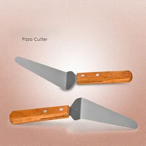 Professional stainless steel pizza and cake server spatula with natural wooden handle