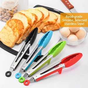 Stainless steel food tongs with heat-resistant silicone tips and built-in stand set.