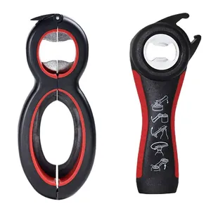 Multifunctional 5-in-1 bottle opener and 8-shaped jar opener set in black and red