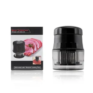 Black stainless steel meat tenderizer with 56 needles and safety cover in retail box