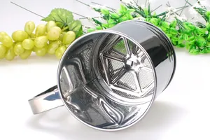 Detailed view of the double-layer mesh screen inside a stainless steel flour sifter cup