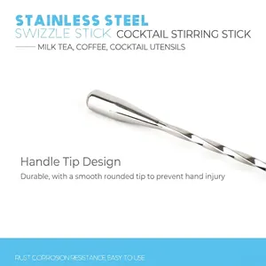 Professional 304 stainless steel swizzle stick bar spoon for cocktails and milk tea.