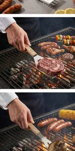 Vista macro detallada de una espátula de barbacoa de acero inoxidable volteando carne a la brasa