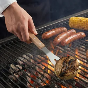 Espátula profesional para barbacoa de acero inoxidable con mango de madera para asar cebollas