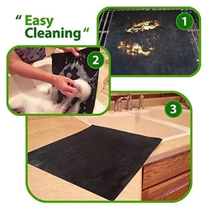 Non-stick BBQ grill mat and PTFE oven liner showing easy cleaning steps