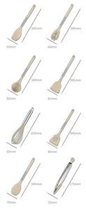 Dimensioni dettagliate del set di utensili da cucina in silicone beige e acciaio inox