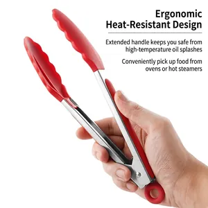 Professional red silicone food tongs with ergonomic stainless steel handle for kitchen BBQ
