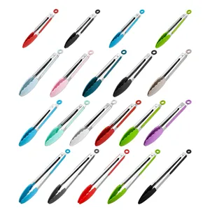 Professional collection of multi-colored silicone and stainless steel kitchen food tongs