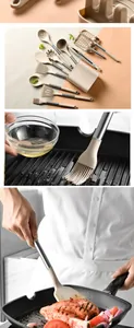Foto in azione di set di utensili da cucina in silicone resistente al calore e acciaio
