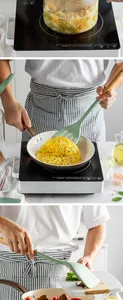 Close-up of a green heat-resistant silicone spatula flipping an omelet in a frying pan