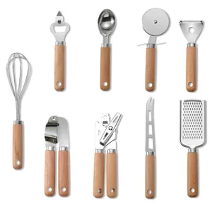 Set completo di 9 utensili da cucina in acciaio inox con manici ergonomici in legno