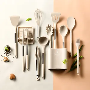 Set di Utensili da Cucina in Silicone e Acciaio Inossidabile Con Supporto Strumenti di Cottura Antiaderenti Resistenti al Calore Spatola Cucchiaio da Minestra Pinze Frusta Pennello