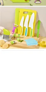 Comprehensive multicolored plastic kitchen tool set for kids on a rustic wooden cutting board