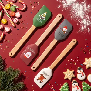 Festive Christmas Silicone Spatula with Beech Wood Handle Santa Snowman Elk Tree Pattern Non-stick Baking Scraper Cream Shovel