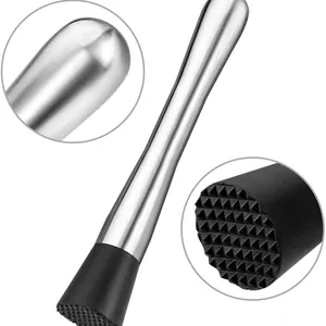 Professional stainless steel cocktail muddler with a textured base for crushing fruit