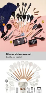 Comprehensive 44-piece silicone kitchenware set with natural wooden handles in detail.