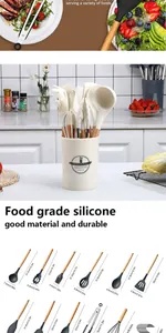 Detailed 44-piece silicone kitchen utensil set with wooden handles and dimensions