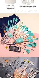 Detailed view of 44-piece silicone kitchen utensil set with wood handles and measurements