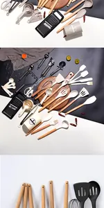 44-piece silicone kitchen utensil set with natural wood handles in cream white