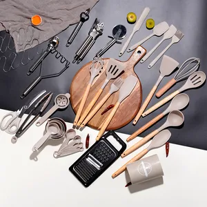 44-piece silicone kitchen utensil set with wooden handles for non-stick cooking