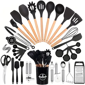 Professional 44-piece black silicone kitchen utensil set with wooden handles and bucket