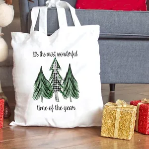 Weiße Weihnachts-Einkaufstasche aus Segeltuch mit Tannenbaum-Motiv und Spruch