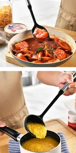 Detailed view of heat-resistant black silicone ladle and spoon cooking in a pan