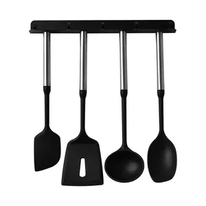 5-piece magnetic silicone kitchen utensil set with stainless steel handles on black rack