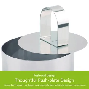 Stainless steel mousse ring cake mold with pusher plate for easy DIY baking demolding.