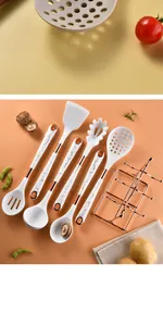 Set of 5 white silicone kitchen utensils with marble handles and gold storage rack