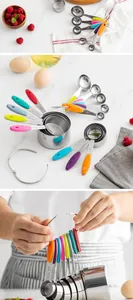 Detail view of 13-piece stainless steel measuring set with colorful silicone handles