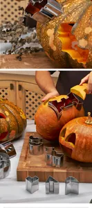 Detailed view of stainless steel cutters carving creative Halloween pumpkin faces.