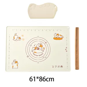 Large silicone kneading mat set with cartoon cat pattern and measurement scales 61x86cm