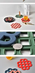 Close-up detail and lifestyle display of colorful silicone heat insulation trivet mats