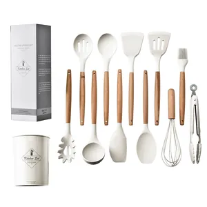 Elegant 11-piece white silicone kitchen utensil set with natural wooden handles and holder