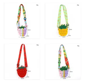 Variety of cute silicone fruit-shaped pop it fidget crossbody bags with dimensions shown