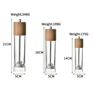 Set of 3 oak lid acrylic pepper mills in different sizes: 14cm, 16cm, and 21cm