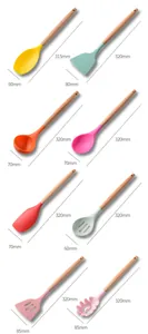 Detailed dimensions for colorful silicone kitchen utensils set with wooden handles