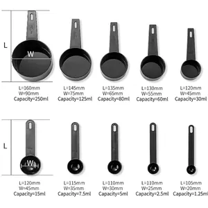 10-piece black plastic measuring cups and spoons set for baking with ml markings