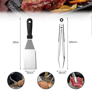 Juego de espátula y pinzas de barbacoa de acero inoxidable con dimensiones claras